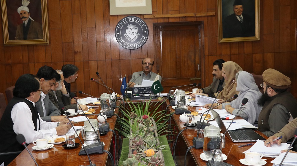 The Honourable Senate Members under the chair of Vice Chancellor, University of Peshawar Prof. Dr. Muhammad Asif Khan are discussing  the issues faced by the University of Peshawar during a committee constituted by the honorable Governor/ Chancellor Universities on 15th November, 2019.