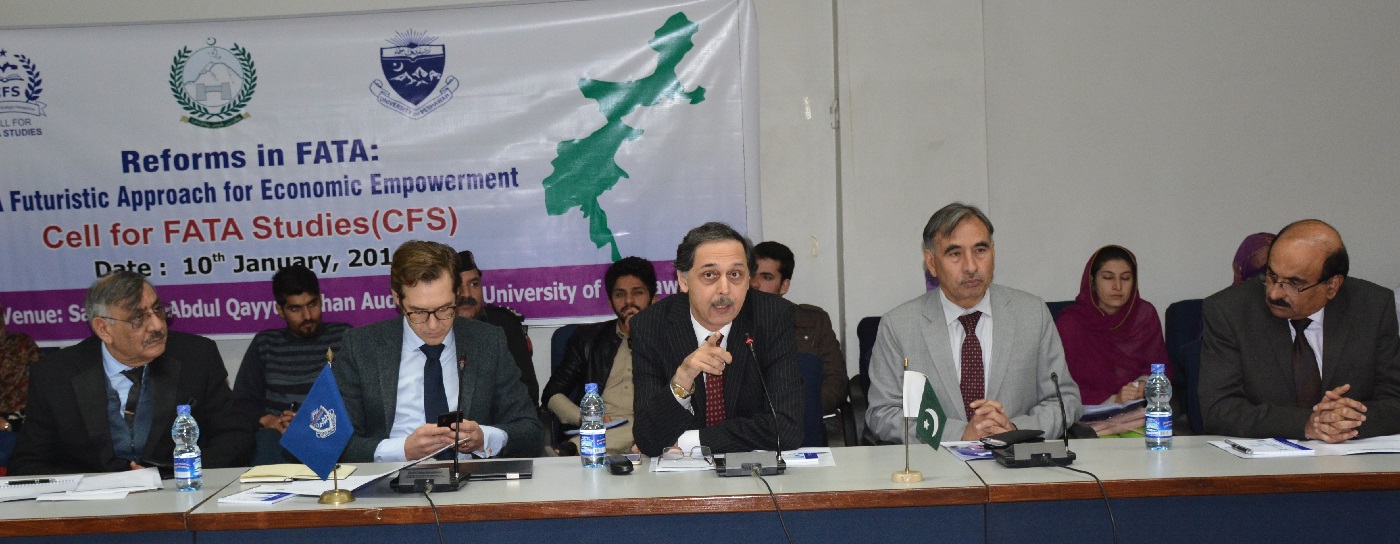 Secretary Safron Shehzad Arbab delvering talk at Workshop on FATA reforms at the University of Peshawar