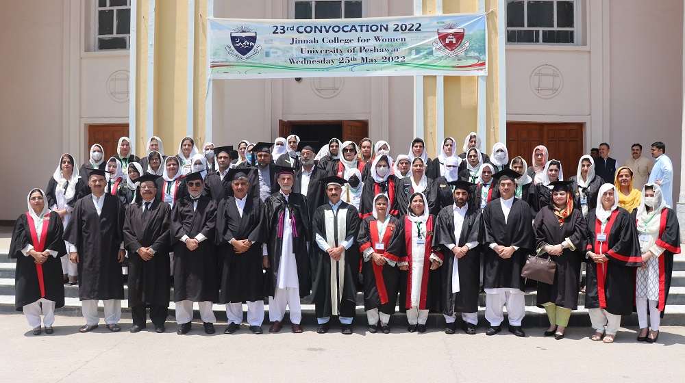 JCW graduates and faculty members with Vice Chancellor Prof Dr Muhammad Idrees at the 23rd Convocation of Jinnah College for Women (JCW), University of Peshawar.