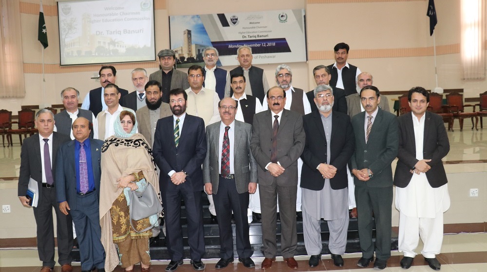 The Vice Chancellors of  public sector universities of Khyber Pakhtunkhwa are posing for a group photo with Chairman Higher Education Commission Dr. Tariq Buneri at the convocation hall, University of Peshawar