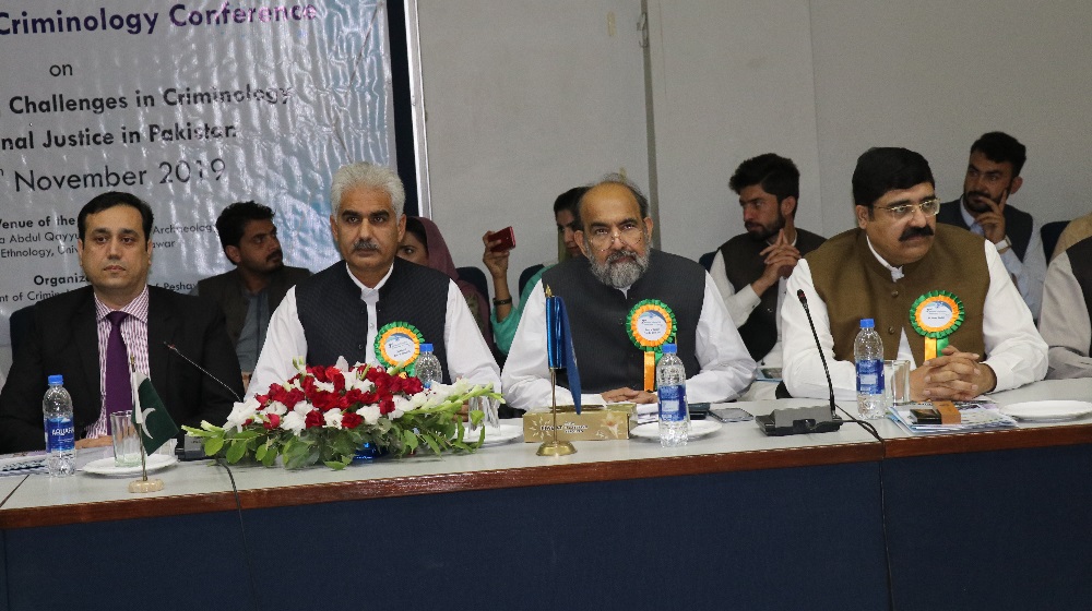 Acting vice chancellor University of Peshawar Prof. Dr. Johar Ali flanked with Prof. Dr. Qibla Ayaz, chairman council of Islamic ideology are chairing the inaugural session of the 2nd national conference on Criminology at SSAQ conference hall, University of Peshawar on 4th November, 2019.