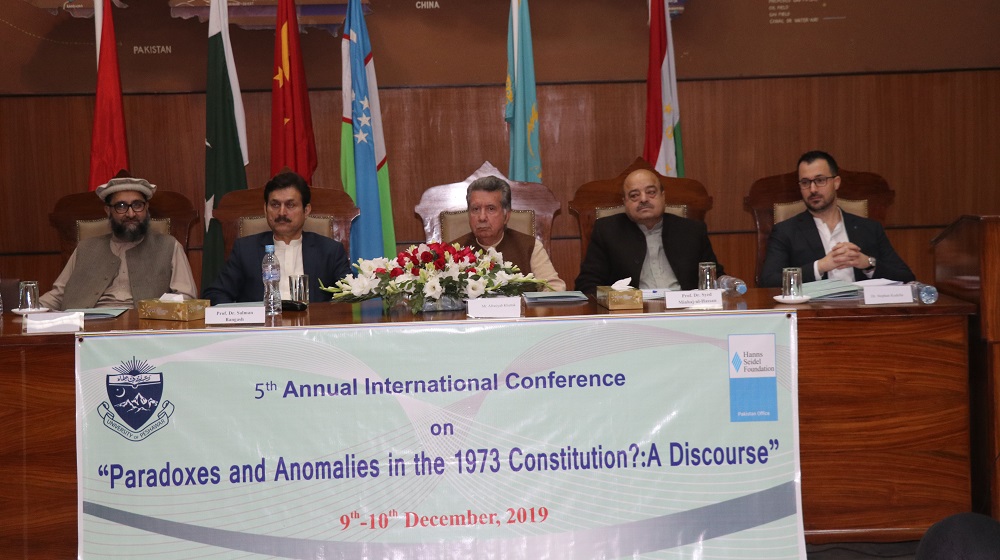 Chief guest, Senator  Afrasiyab Khattak is sitting along organisers of the inaugural session of 5th international conference entitled as 