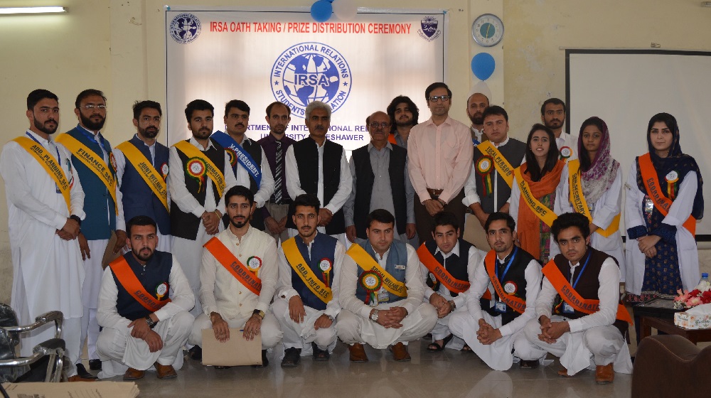 The Vice Chancellor University of Peshawar Prof. Dr. Muhammad Asif Khan is posing with the IRSA cabinet members at Department of International Relations on Friday, 27th April,2018