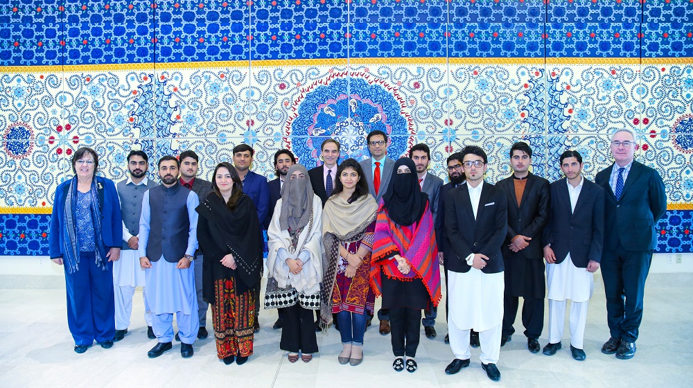 The staff and students of the Institute of Peace and Conflict studies, University of Peshawar  pose for a group photo during a  visit  to the US embassy, Islamabad and met with the US Ambassador Paul Jones on Monday